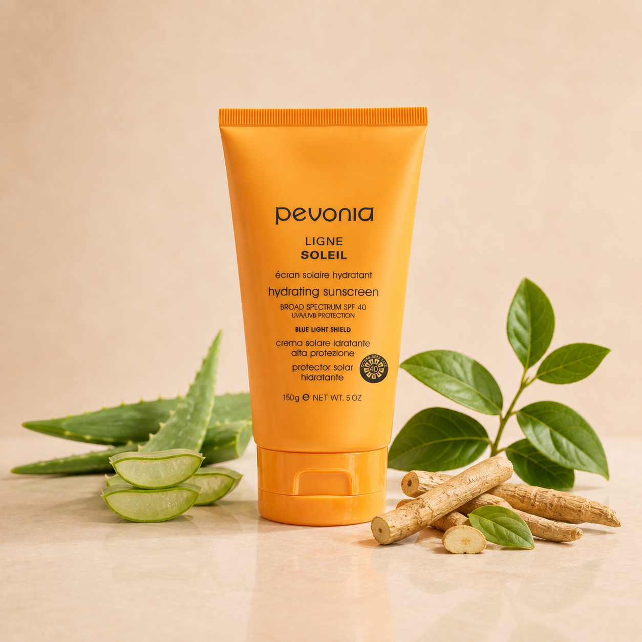 Pevonia Hydrating Sunscreen SPF 40 橙色软管,搭配芦荟与植物素材